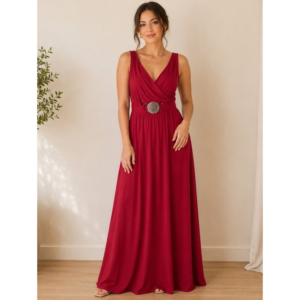 Elegant Red Halter Sleeveless Maxi Dress with Decorative Waist Buckle, NWT